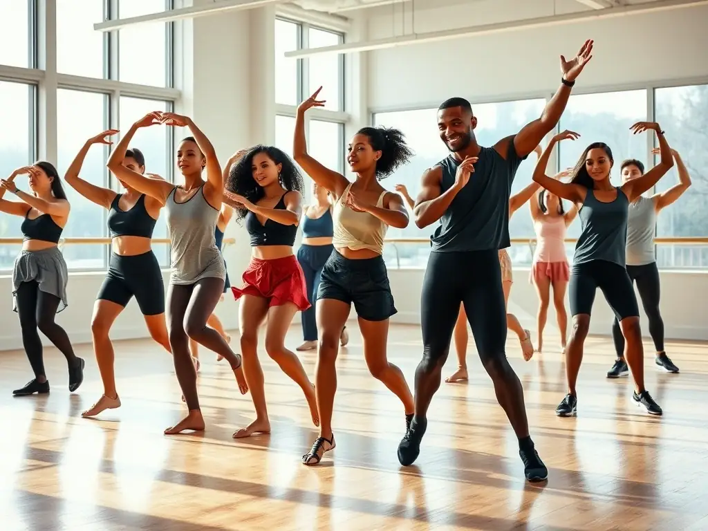 A dynamic image of students engaged in a dance workshop, expressing creativity and rhythm.
