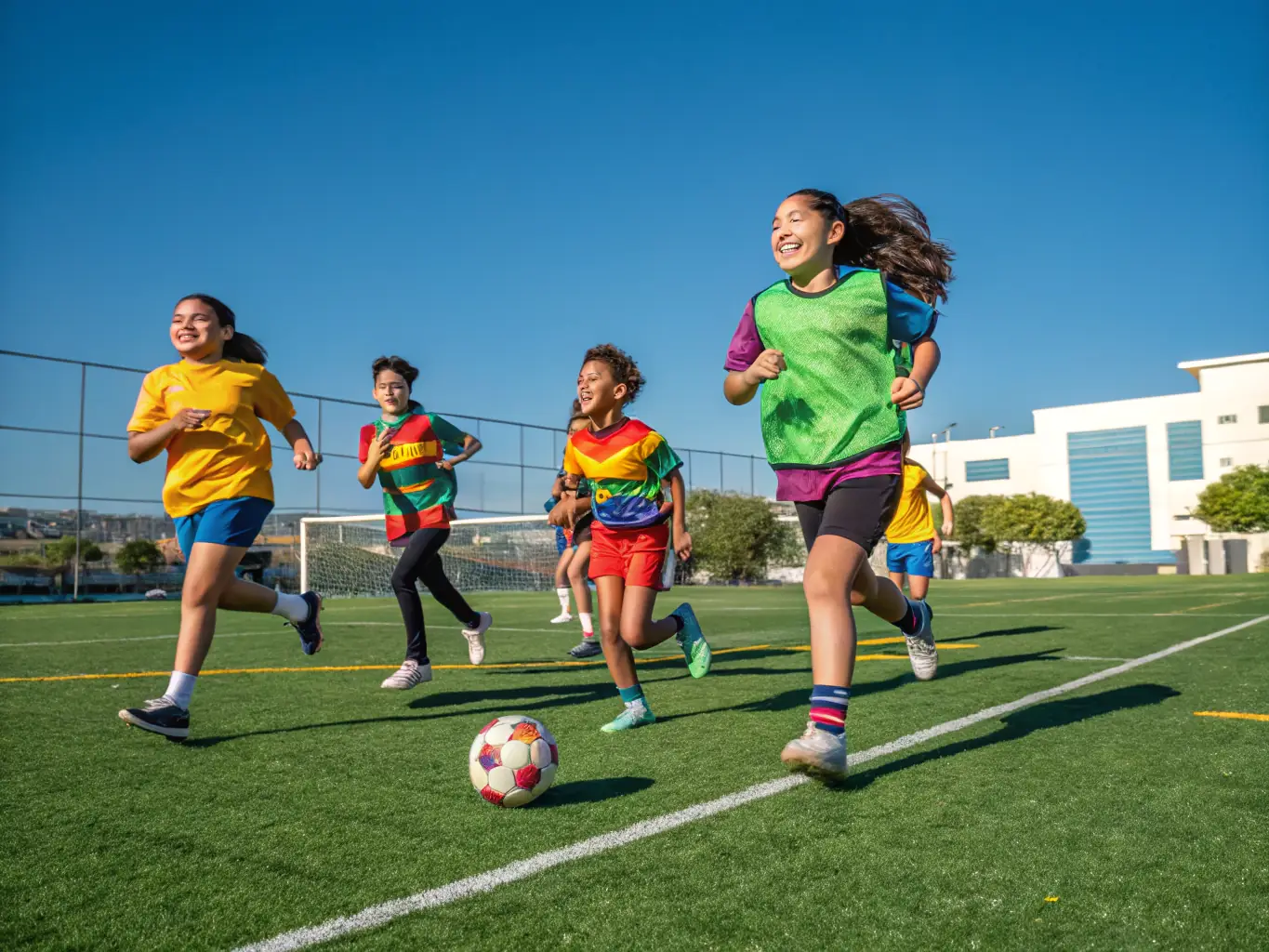 A vibrant image showcasing students participating in a soccer match, with the school building in the background, under a sunny sky. The focus is on teamwork and sportsmanship.