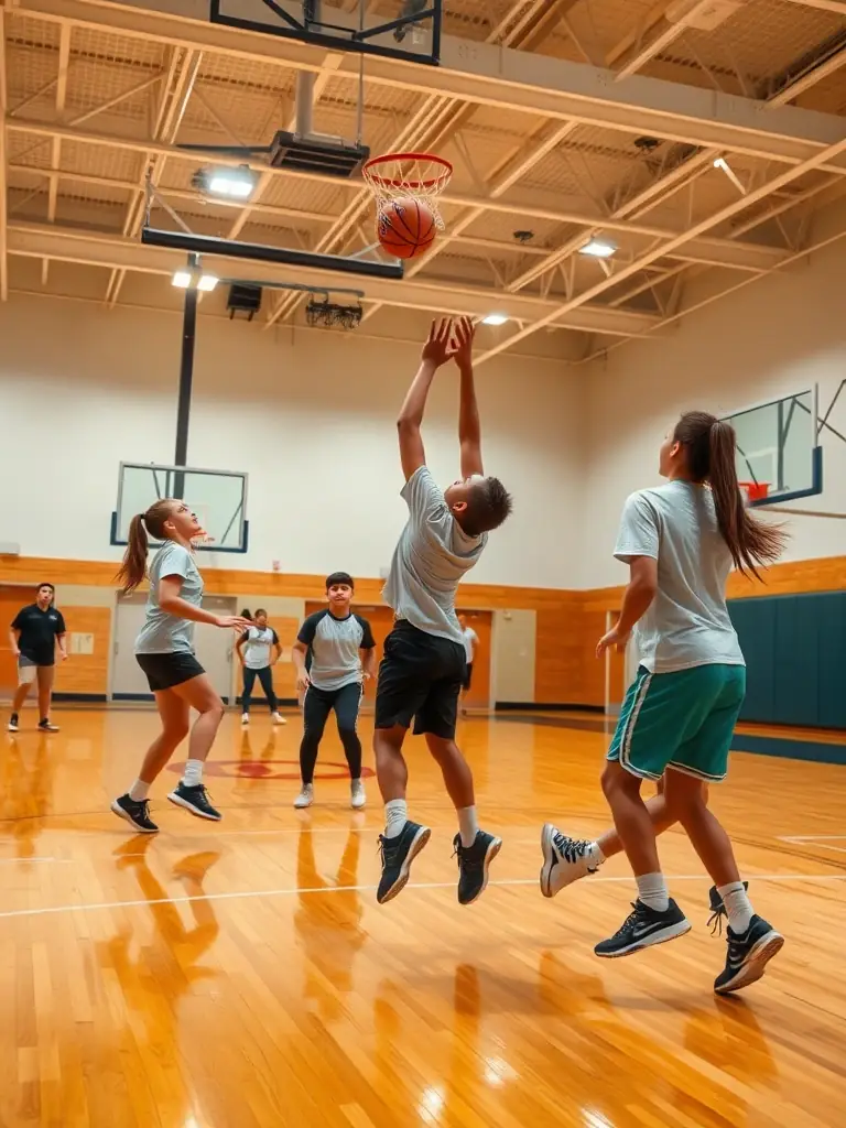 Students practicing basketball drills in a gymnasium, highlighting the basketball program at ASSOCIATION SPORTIVE DU COLLEGE PUBLIC DE HILLION.