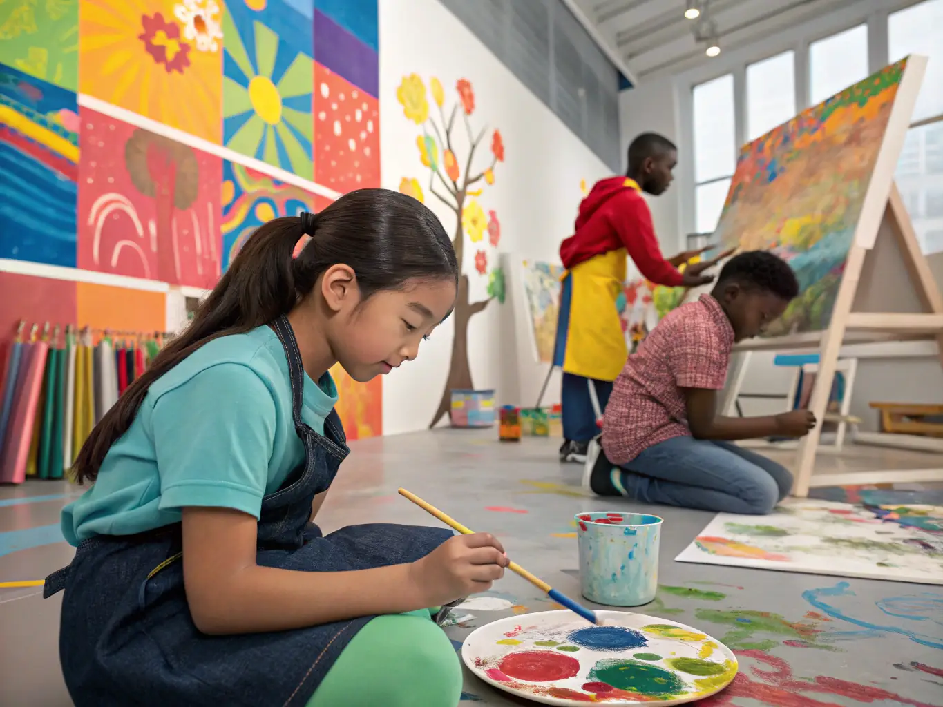 A creative image of students working on an art project in a well-lit studio, with colorful paintings and sculptures displayed around them.