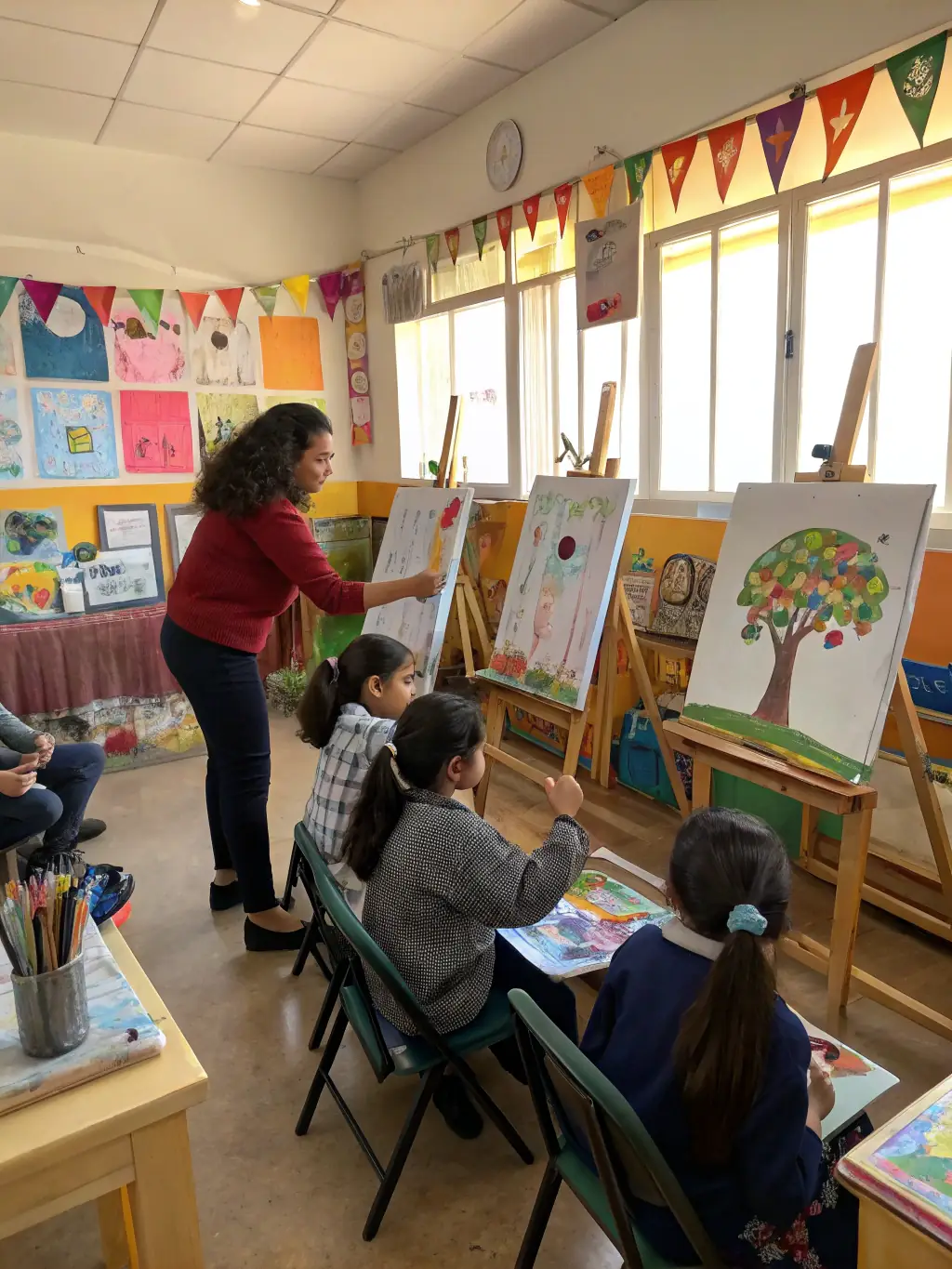 A group of students working on art projects in a brightly lit classroom, showcasing the artistic activities available at ASSOCIATION SPORTIVE DU COLLEGE PUBLIC DE HILLION.