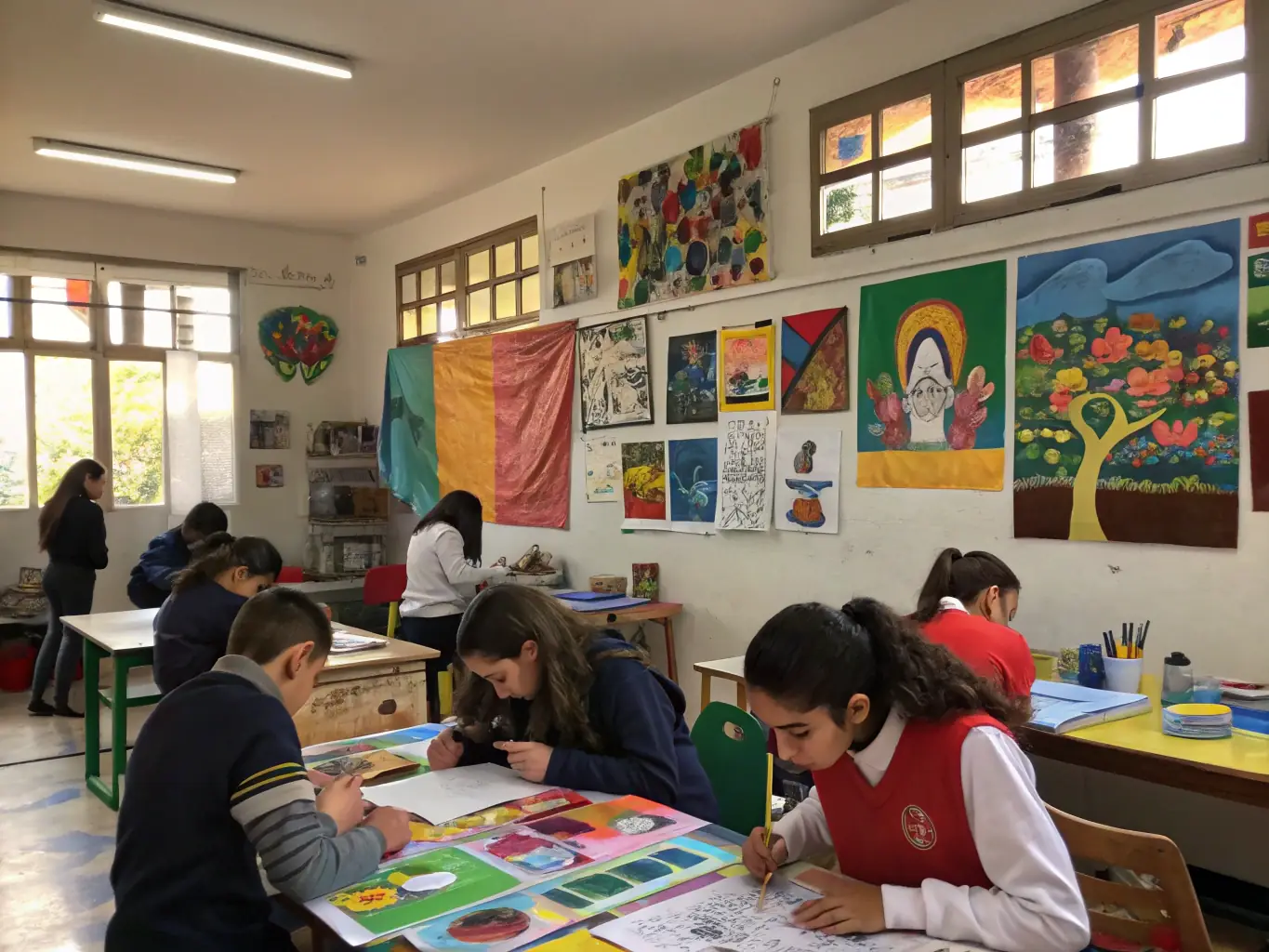 A focused image of students working on visual arts projects, highlighting creativity and attention to detail.