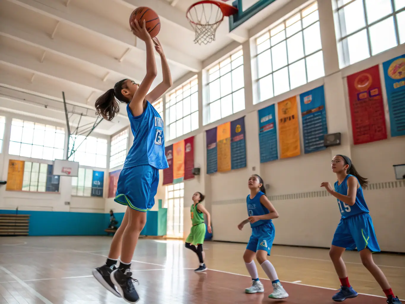 A dynamic image of students engaged in a basketball game in the school gymnasium, highlighting the energy and excitement of the sport.