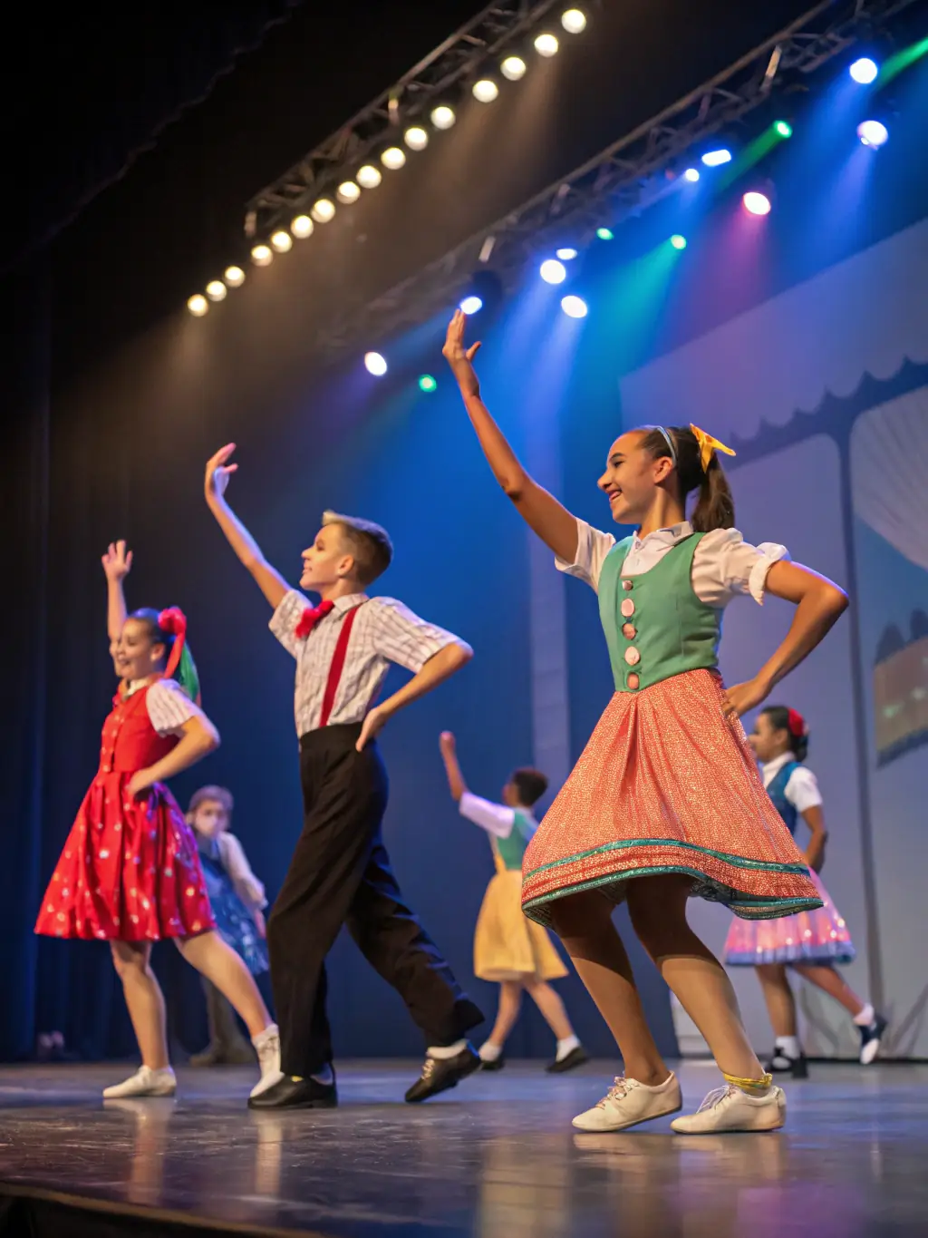 Students performing a dance routine on a stage, representing the dance program offered by ASSOCIATION SPORTIVE DU COLLEGE PUBLIC DE HILLION.