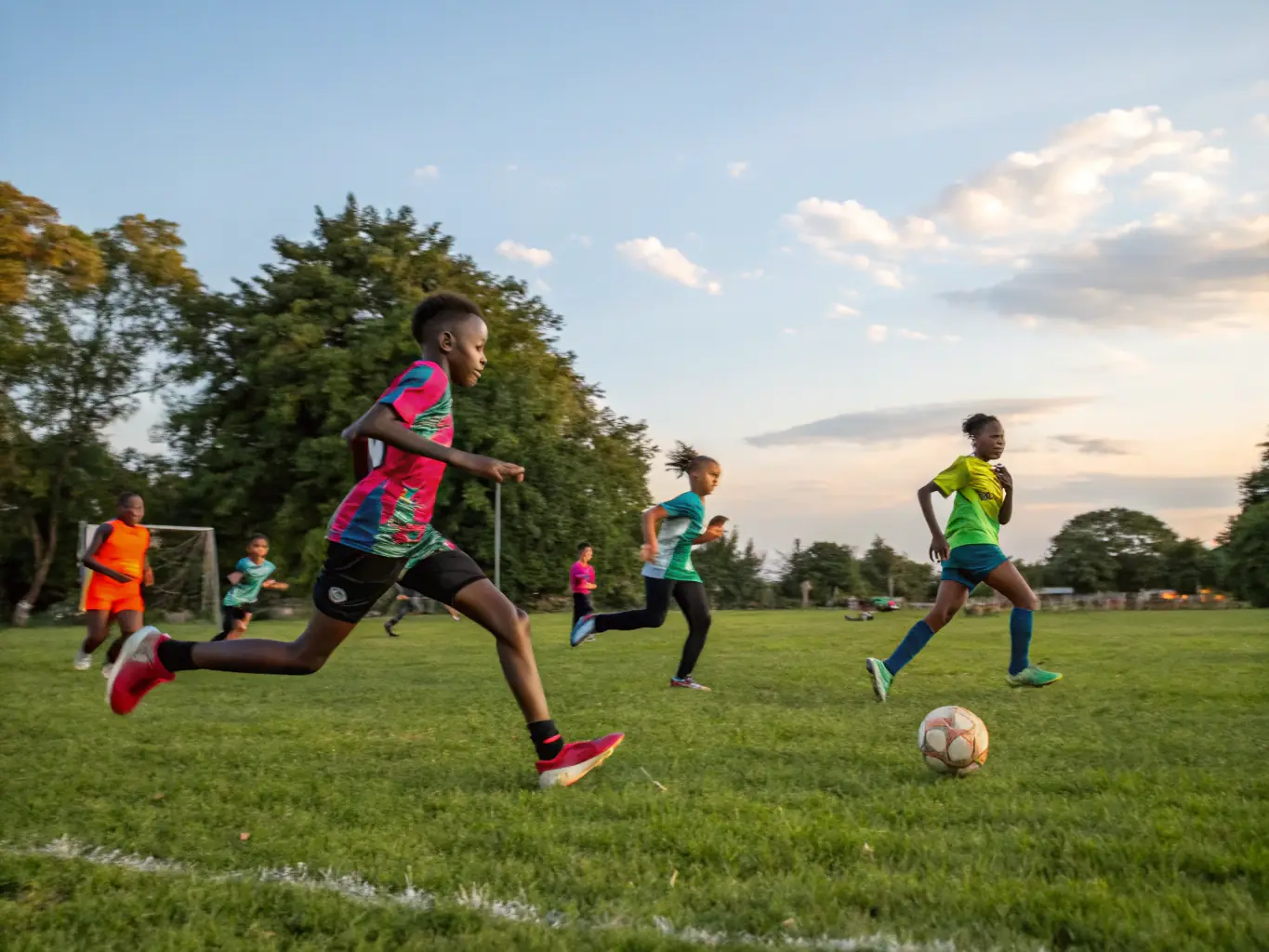 A vibrant image depicting students actively participating in a soccer match, showcasing teamwork and physical activity.